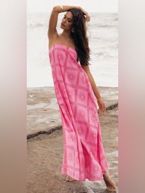 Petal and pup Strapless Pink  and red Sunburst Maxi Dress/ Size Medium